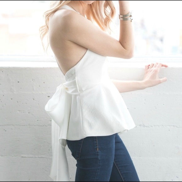 White Bow Tie Back Peplum Blouse - Picture 4 of 6